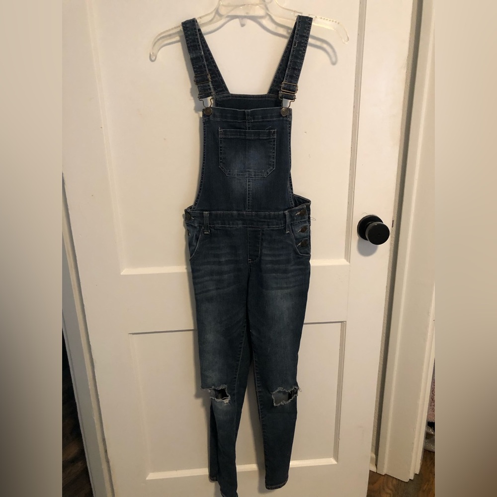 Girls Distressed Jean Overalls in dark blue denim. Size 12.